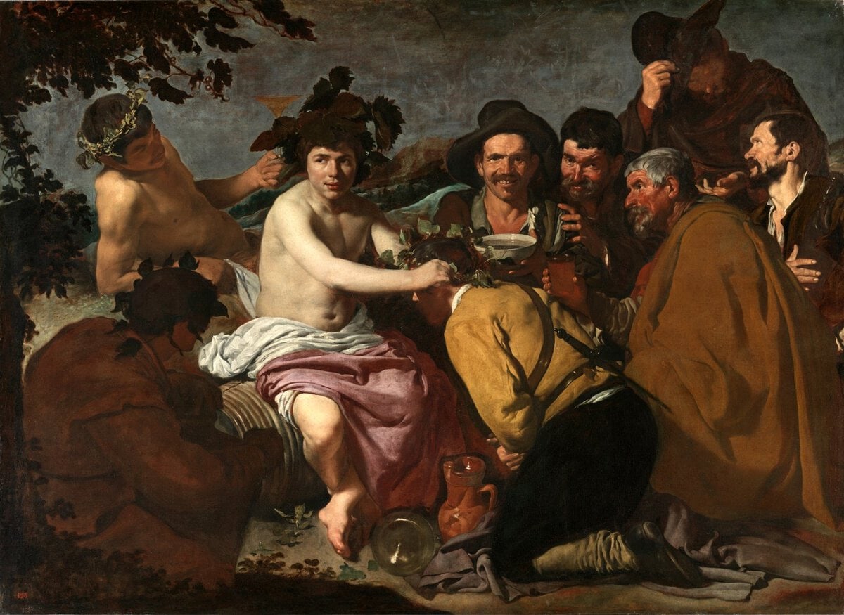 Velazquez'in Bacchus'un Zaferi tablosu: köylülerin arasında oturan Bacchus