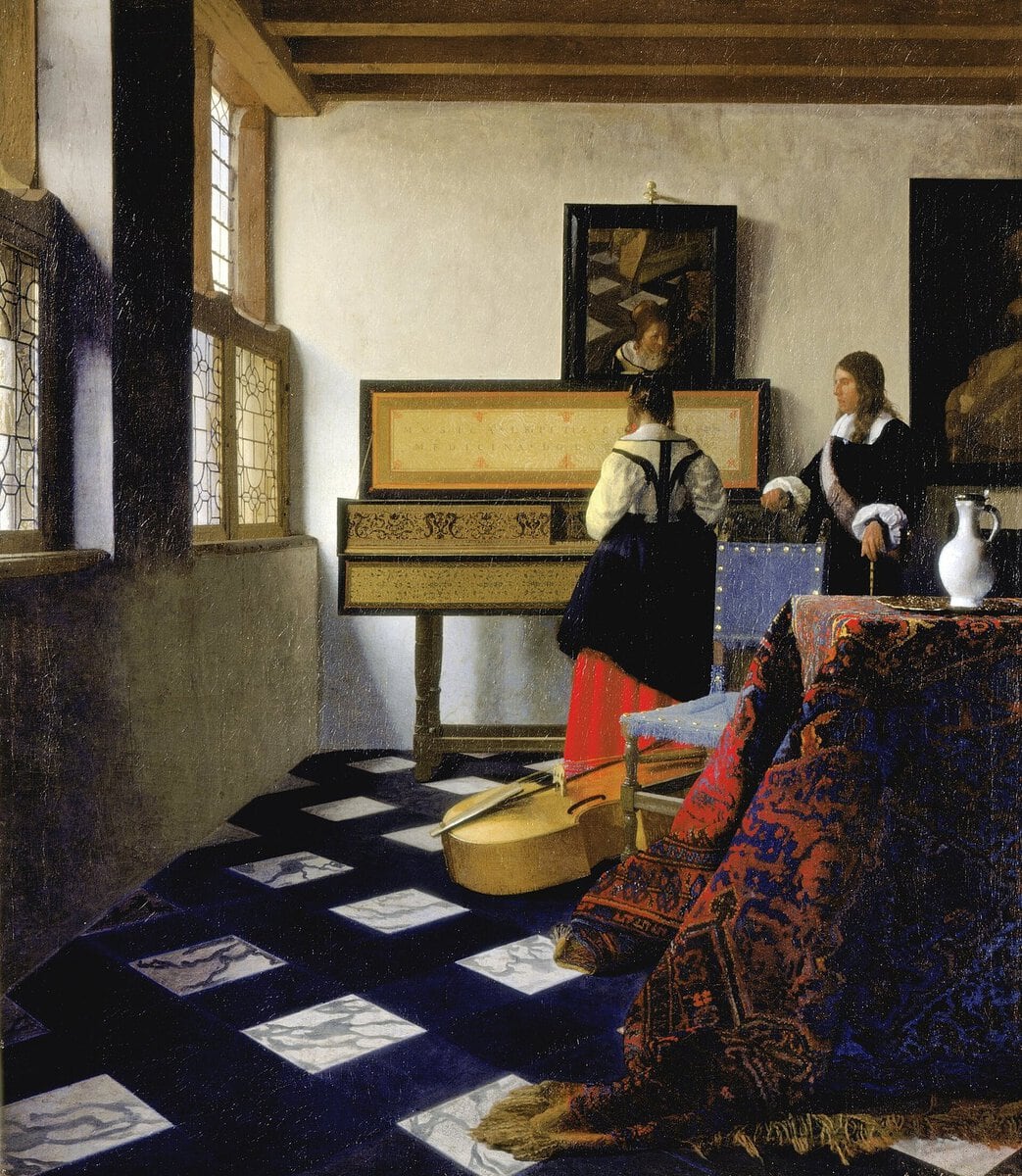 Vermeer'in Müzik Dersi tablosu: virginal başındaki kadın ve öğretmeni