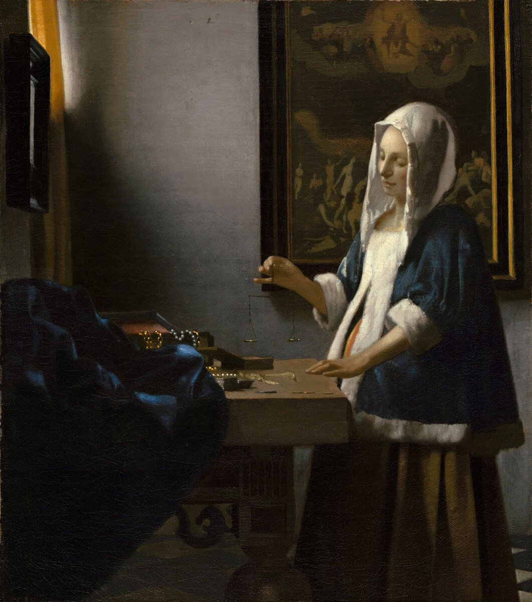 Vermeer'in Terazi Tutan Kadın tablosu: boş teraziyi dengeleyen kadın