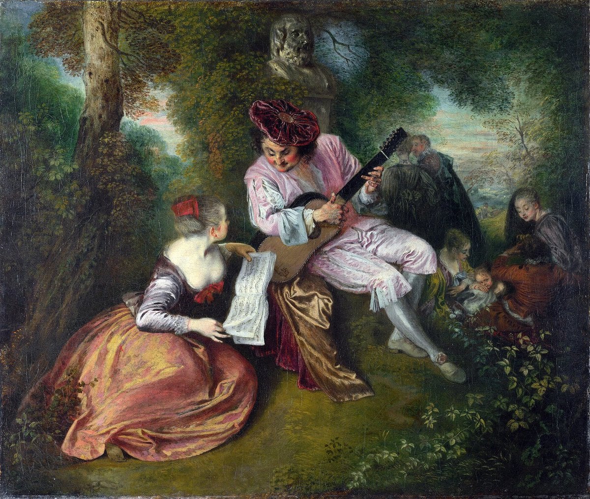 Watteau'nun Aşkın Ölçeği tablosu: bahçede gitar çalan çift