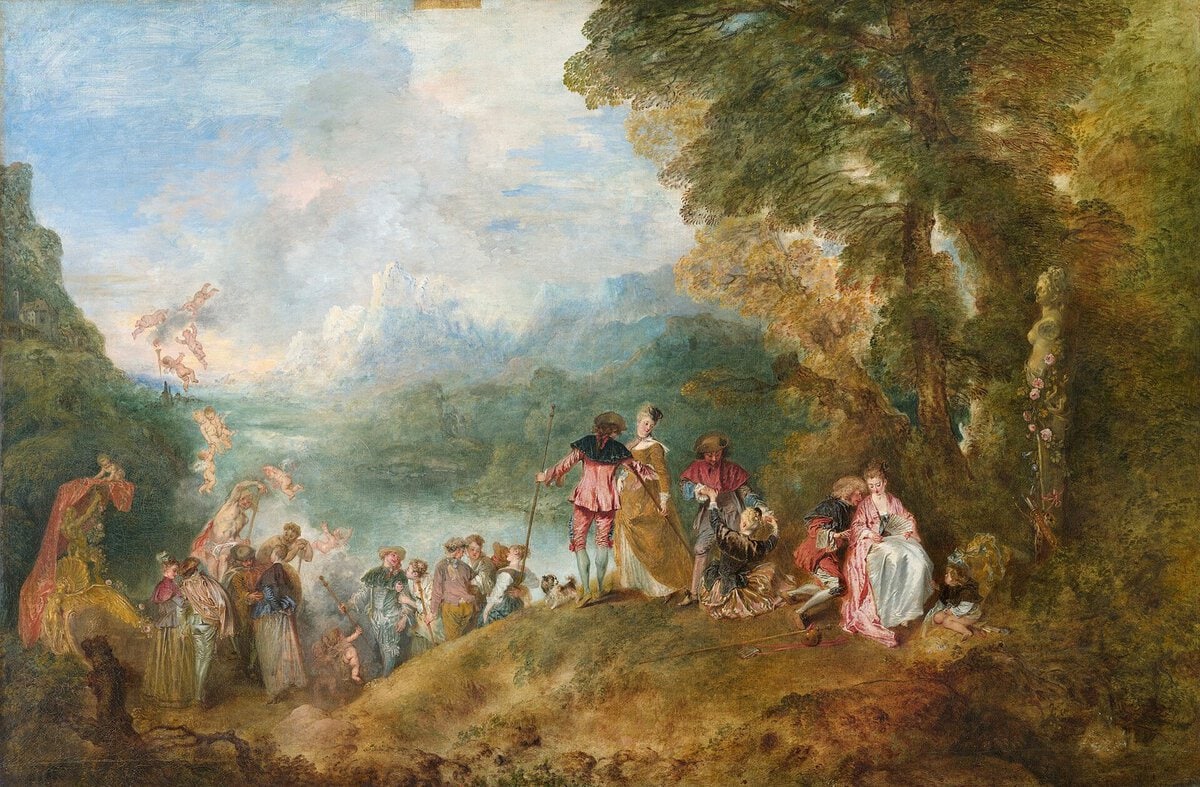 Watteau'nun Kythera Adasına Yolculuk tablosu: kıyıda toplanan çiftler