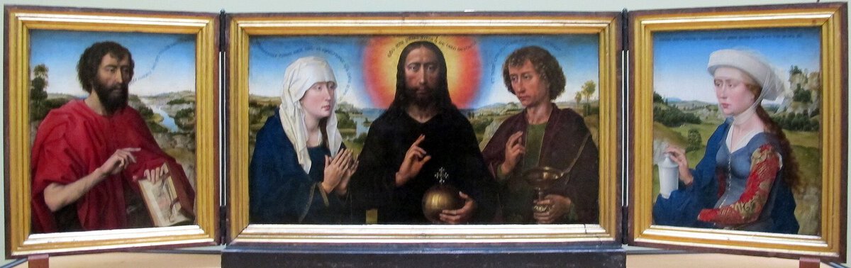 Van der Weyden'in Braque Triptiği: manzara önünde göğüsten figürler