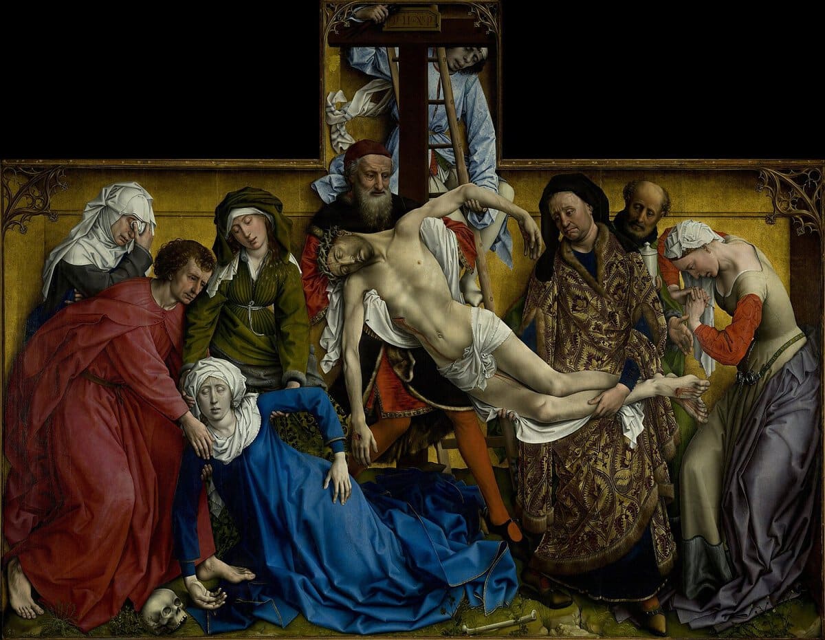 Van der Weyden'in Çarmıhtan İndiriliş panosu: bayılan Meryem ve İsa'nın bedeni aynı eğride