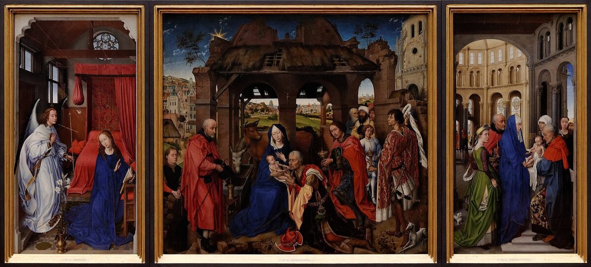 Van der Weyden'in Columba Sunağı: Müneccim Kralların Tapınması merkezli üç pano